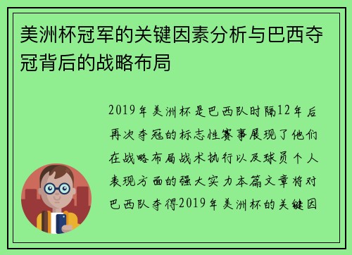 美洲杯冠军的关键因素分析与巴西夺冠背后的战略布局